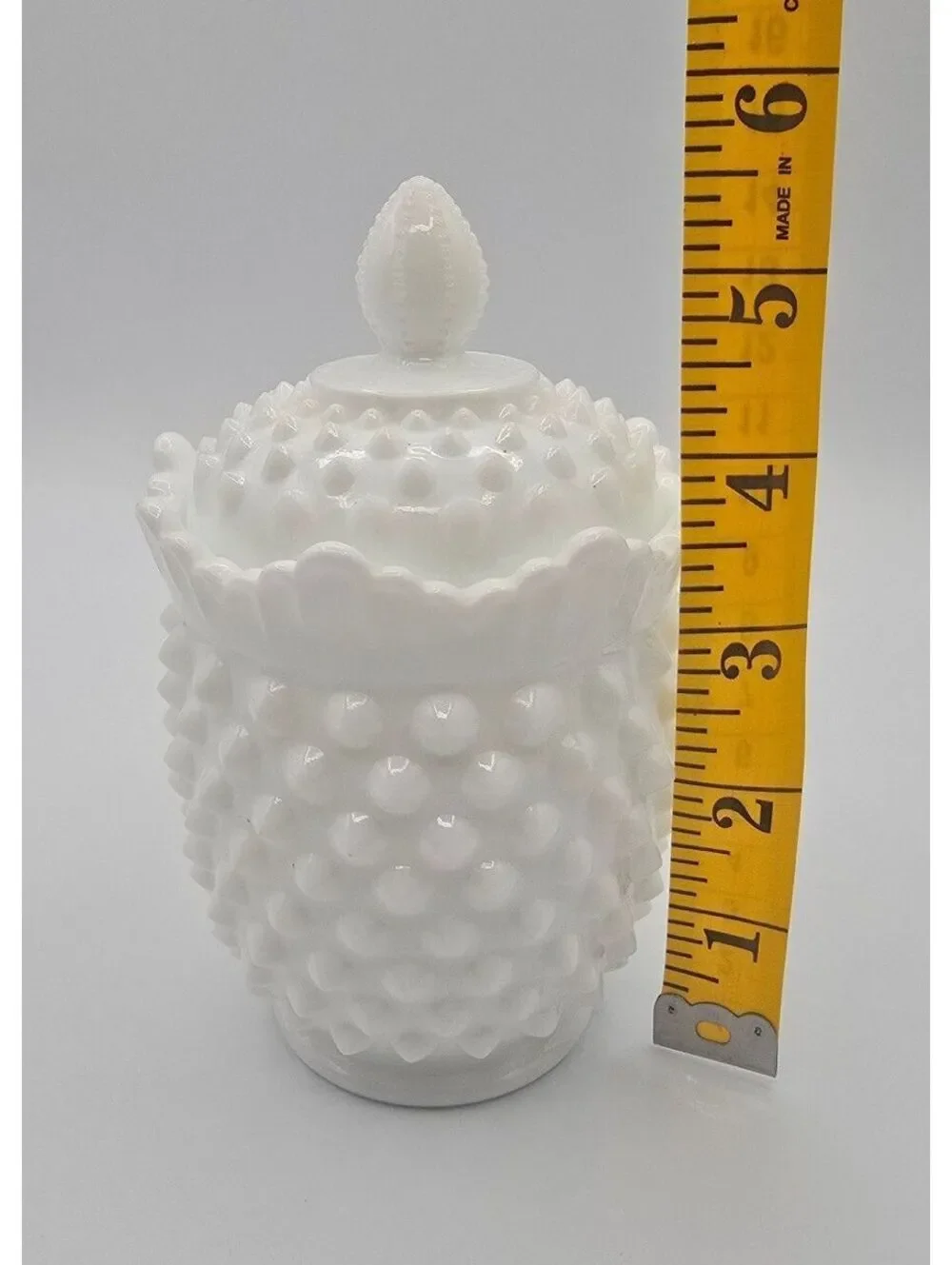 Vintage Fenton White Milk Glass Hobnail Lidded Jar with Finial MCM